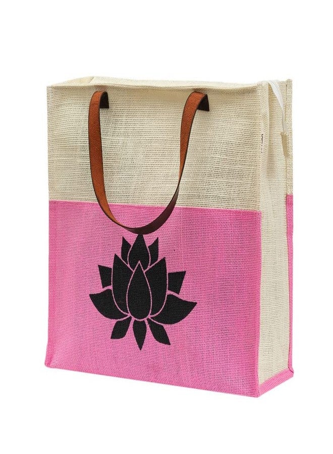 JUTEKA Lotus Print Hand Bag for Grocery, Office, Lunch, Picnic, Tiffin Jute bag with Leather Handles - Image 1